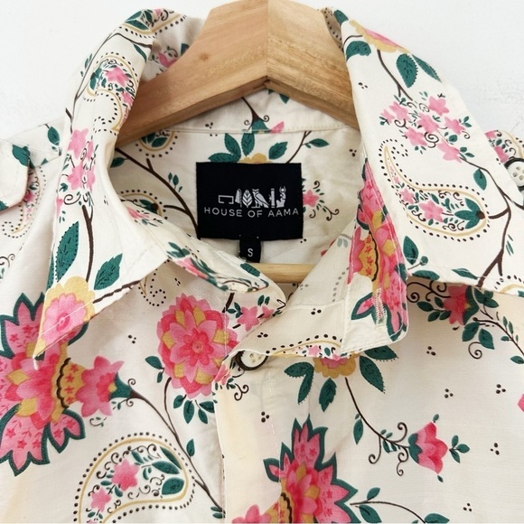 House of Aama Mens 100% Silk Paisley Floral Button Up Western Shirt Small New - Picture 4 of 9